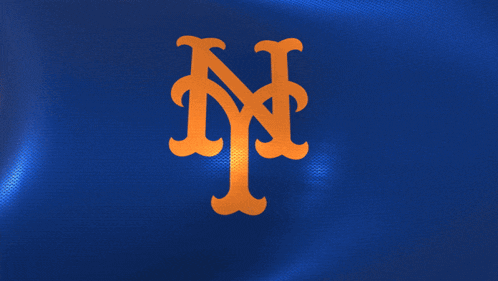 The Logo For The New York Mets Is Shown On A Blue Background GIF