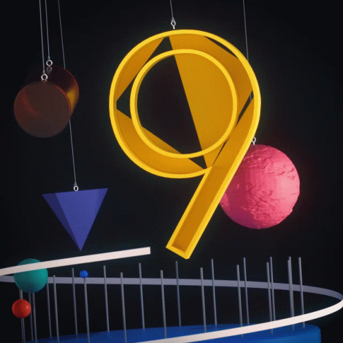 The Number 9 Is Surrounded By Geometric Shapes And Balls GIF