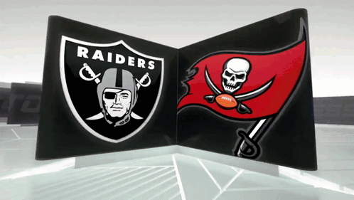 The Raiders And Tampa Bay Buccaneers Logos Are On A Black Background GIF