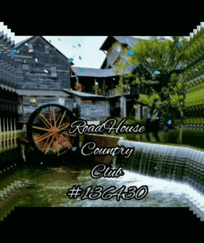 The Road House Country Club Has A Waterfall And A Water Wheel In The Background GIF