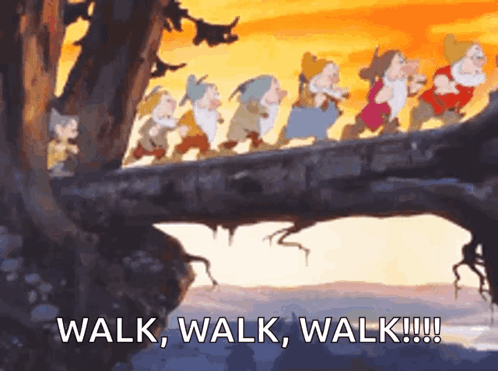 The Seven Dwarfs From Snow White And The Seven Dwarfs Walk Across A Tree Branch GIF