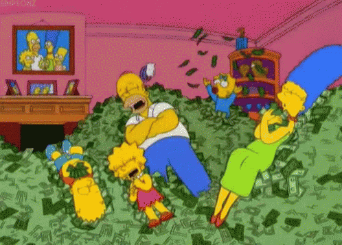 The Simpsons Are Laying On A Pile Of Money In A Living Room . GIF