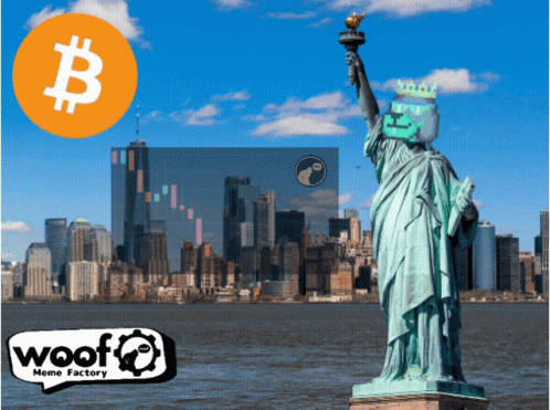 The Statue Of Liberty Has A Crown On Her Head And A Bitcoin Sign In The Background GIF