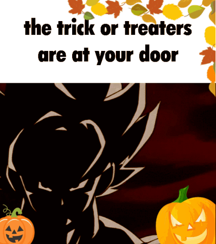 Trick Or Treaters At Door With Cartoon Character And Pumpkins GIF