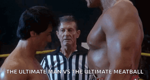 The Ultimate Man Vs The Ultimate Meatball Is Written On The Screen GIF