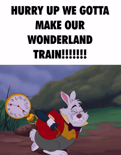 The White Rabbit From Alice In Wonderland Is Crying While Carrying A Clock And Umbrella GIF
