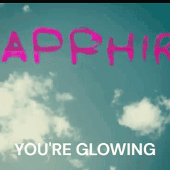The Word Apphire Is Written In Pink On A Blue Sky Background GIF