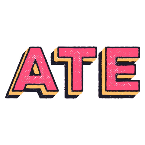The Word Ate Is Written In Red And Yellow GIF