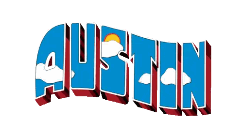 the word austin is written in blue red and white on a white background