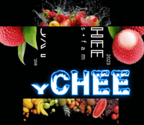 The Word Cheee Is On A Black Background With Fruit In The Background GIF