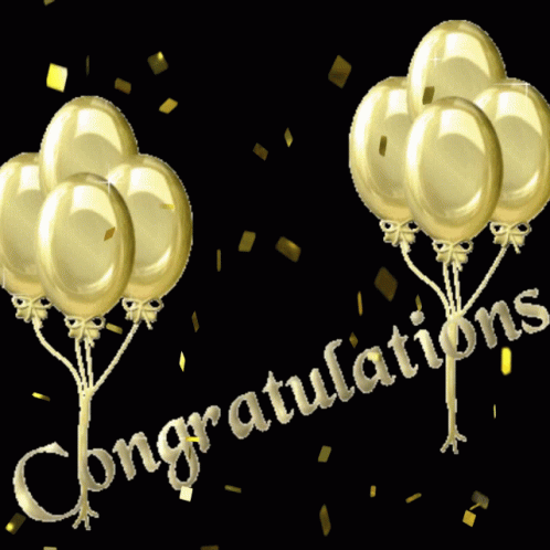 The Word Congratulations Is On A Black Background With Gold Balloons GIF