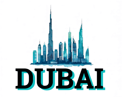 The Word Dubai Is On A White Background With A City Skyline GIF