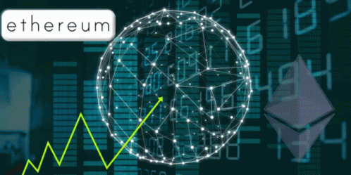 The Word Ethereum Is On A Blue Background With A Graph GIF