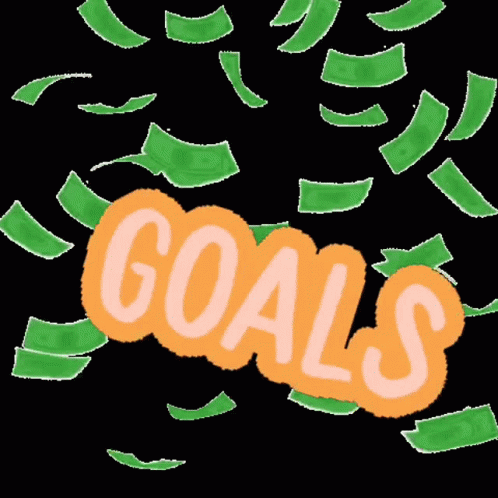 The Word Goals Is Surrounded By Money Falling From The Sky . GIF