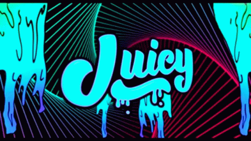 The Word Juicy Is On A Colorful Background With Lines GIF