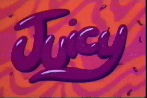 The Word Juicy Is Written In Purple On A Red And Pink Background . GIF