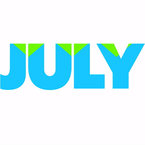 The Word July Is Written In Orange Letters On A White Background GIF