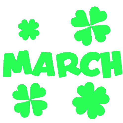 the word march is surrounded by four green clovers