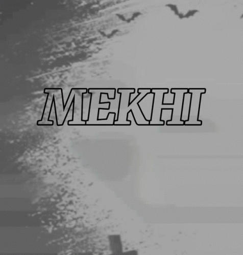 the word mekhi is on a black background with bats