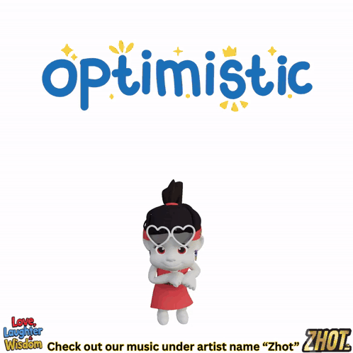 The Word Optimistic Is On A White Background With A Cartoon Character Wearing Sunglasses GIF
