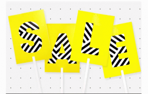 The Word Sale Is Written In Black And White Stripes On Yellow Cards GIF