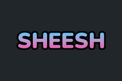 The Word Sheesh Is Written In Pink And Blue On A Dark Background GIF