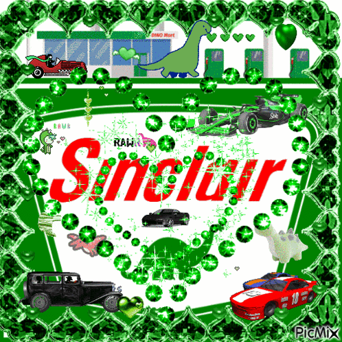 The Word Sinclair Is On A Green Background With A Dinosaur GIF