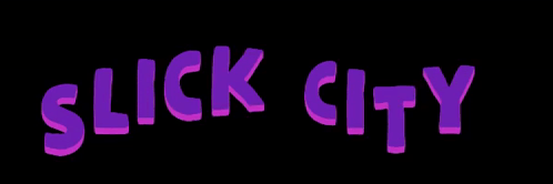 The Word Slick City Is Written In Purple Letters On A Black Background GIF
