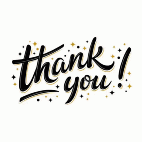 The Word Thank You Is Written In Black And Gold On A White Background With Stars . GIF