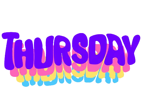 the word thursday is written in purple and colorful letters