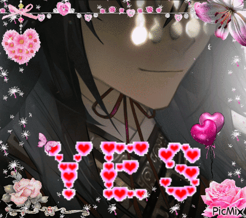 The Word Yes Is Surrounded By Pink Hearts GIF