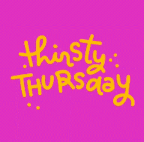 the words thirsty thursday are yellow on a pink background .