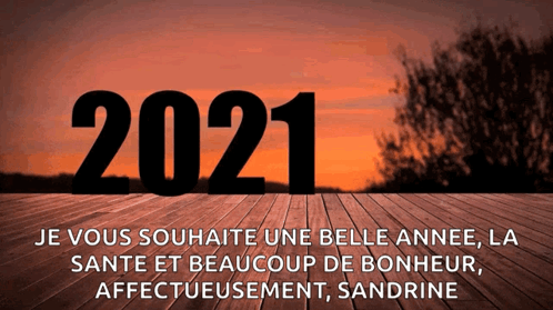 The Year 2021 Is Displayed On A Wooden Surface With A Sunset In The Background GIF