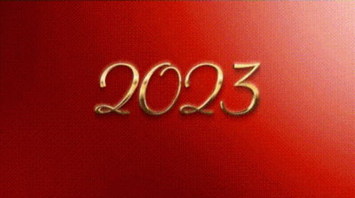 The Year 2023 Is Written In Gold On A Red Background With Christmas Balls GIF