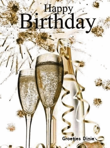 There Is A Bottle Of Champagne And Two Glasses Of Champagne On The Birthday Card . GIF
