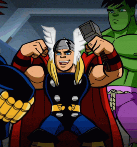 Thor Holding Hammer Surrounded by Superheroes