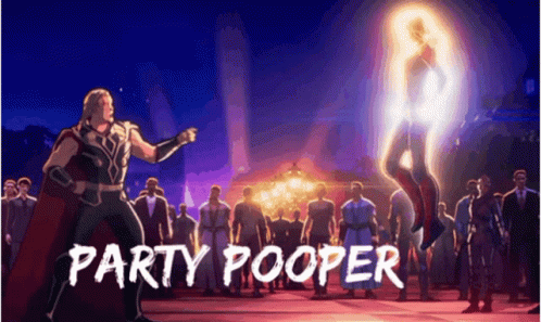 Thor Is Standing In Front Of A Crowd Of People With The Words Party Pooper On The Bottom . GIF