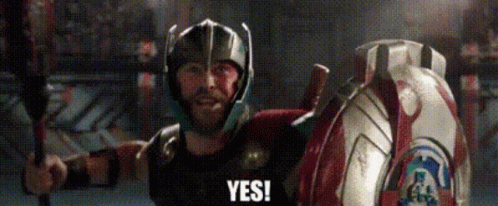 Thor Wearing Helmet Holding Shield and Sword Saying Yes