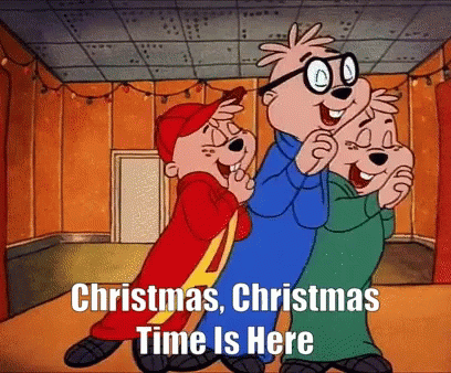 Three Alvin And The Chipmunks Are Standing In A Room With The Words Christmas Christmas Time Is Here GIF