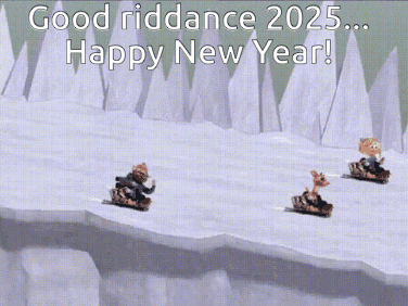 Three Animals Sledding Good Riddance 2025 Happy New Year GIF