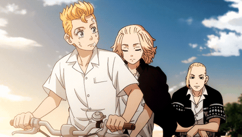 three anime characters are riding a bike together