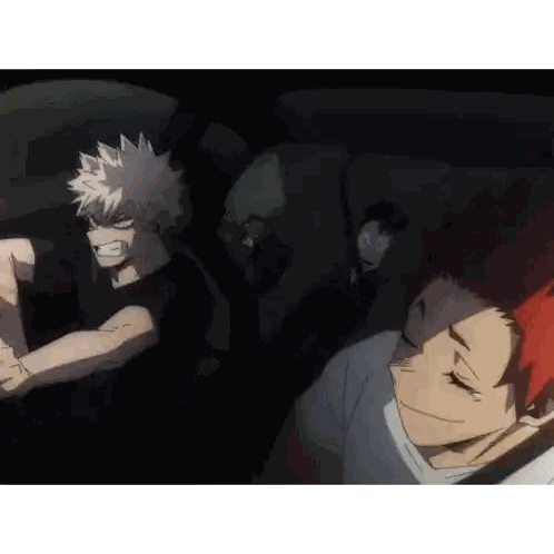 three anime characters are sitting in a car and one of them is sleeping