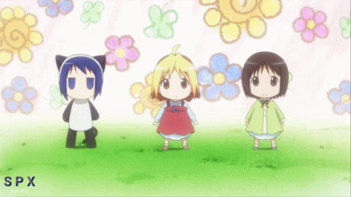 Three Anime Characters Are Standing In A Field With Flowers In The Background And The Letters Spx On The Bottom Right GIF