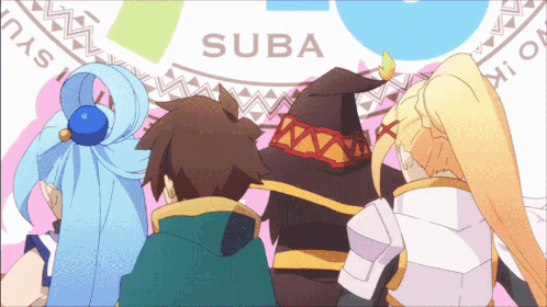 Three Anime Characters Are Standing In Front Of A Sign That Says " Suba " GIF