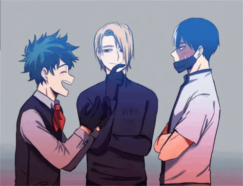 Three Anime Characters Are Standing Next To Each Other And One Is Wearing A Mask GIF