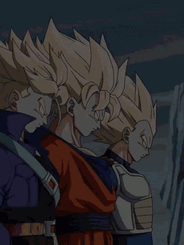 Three Anime Characters Are Standing Next To Each Other And One Of Them Has A Belt Around His Waist GIF