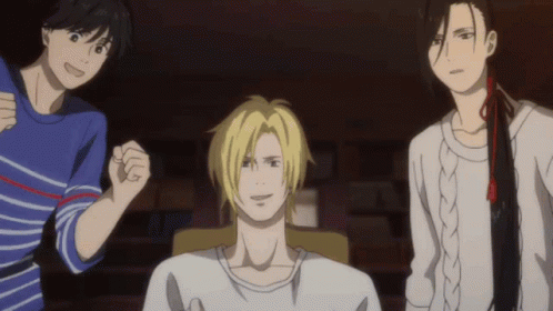 Three Anime Characters Are Standing Next To Each Other And One Of Them Has A Fist In The Air GIF