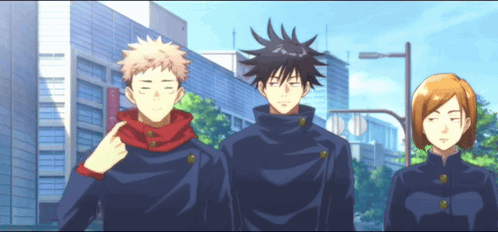 Three Anime Characters Are Standing Next To Each Other GIF