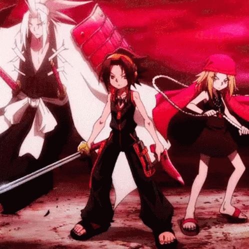 Three Anime Characters Are Standing Next To Each Other Holding Swords . GIF