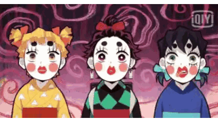three anime characters are standing next to each other wearing masks .